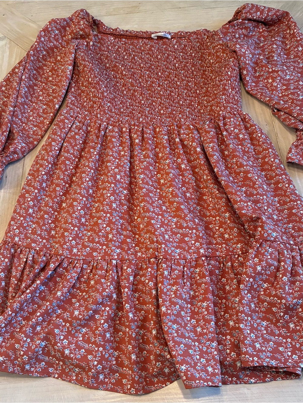 Magnolia Rust Floral Smocked Puff-Sleeve Dress